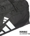 Close-up of the Defender 5 Duffel Bag Built For Sports, Gym And Travel With A Water Resistant Base showing durable ripstop fabric