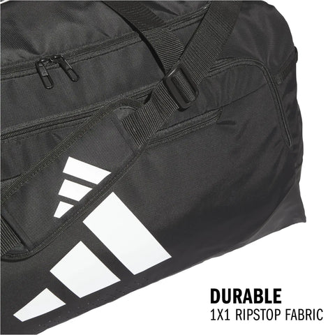 Close-up of the Defender 5 Duffel Bag Built For Sports, Gym And Travel With A Water Resistant Base showing durable ripstop fabric