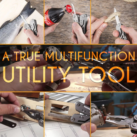 24 In 1 Multitool With Knife And Pliers, 11 Magnetic Bits in use for cutting rope, opening a bottle, and filleting fish