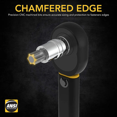 Close-up of Torx Bit Socket Set 13-Piece Premium S2 Alloy Steel Bits T8 Through T60 with precision chamfered edge on a tool