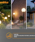 12-Inch Outdoor Post Mount Light Fixture With E26 Socket White Frosted Globe Black Base Weatherproof Wet Rated UL Listed Fits Standard 3-Inch Post Post Not Included Go-To Outdoor Lighting For Porch Patio And Garden Pathways shown in different outdoor settings.