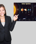 Woman pointing at solar system poster, part of Three Laminated Learning Posters Set Solar System Periodic Table For Kids And Human Body Chart 18 By 24 Inches 3 Mil Tear Resistant Wall Decor For Classrooms Or Home Kid Friendly Durable Educational Posters