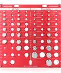 Front view of red metal bolt and nut gauge plate showing metric and standard hole sizes with edge rulers.