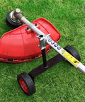 Adjustable Support Wheels For Weed Trimmer 26Mm And 28Mm ergonomic handle with red shroud and wheels for easy maneuvering on grass.