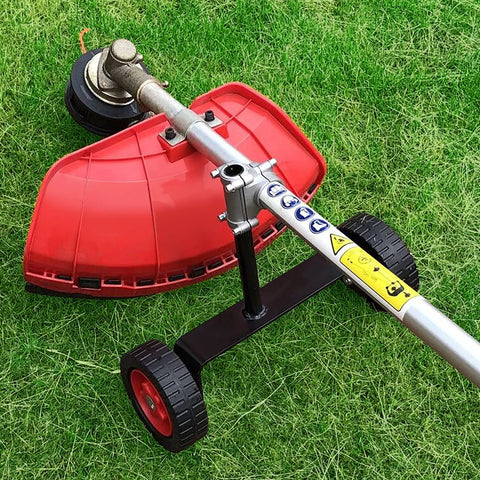 Adjustable Support Wheels For Weed Trimmer 26Mm And 28Mm ergonomic handle with red shroud and wheels for easy maneuvering on grass.