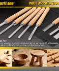 8 Piece Wood Lathe Turning Tool Set for Woodworking with chisels, gouges, and canvas bag displayed on wooden surface.