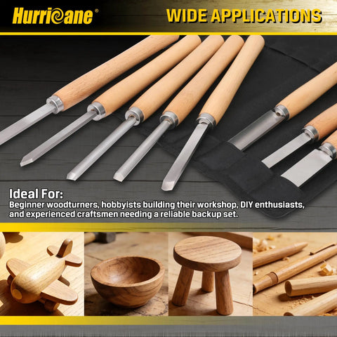 8 Piece Wood Lathe Turning Tool Set for Woodworking with chisels, gouges, and canvas bag displayed on wooden surface.