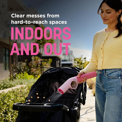 BlastBoss Beast Mode All In One Air Blasting System With BlastBroom And Precision Nozzle For Indoor And Outdoor Cleaning Extension Wand 0 To 190 MPH Airflow Cordless Handheld Blower Rechargeable Charcoal Finish AB2111, woman cleaning stroller