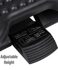 Close-up of adjustable height feature on plastic black under desk foot rest for ergonomic comfort with massage textured surface.