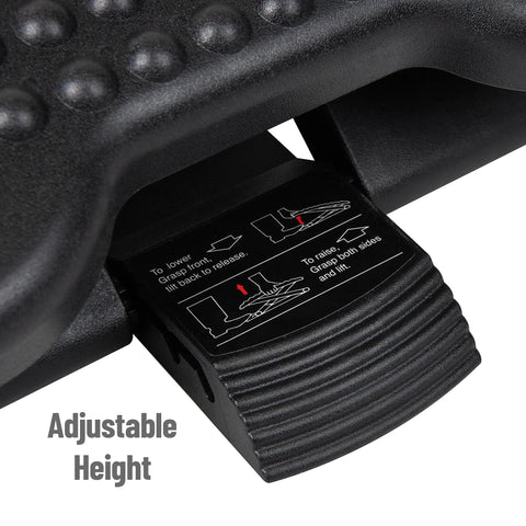 Close-up of adjustable height feature on plastic black under desk foot rest for ergonomic comfort with massage textured surface.