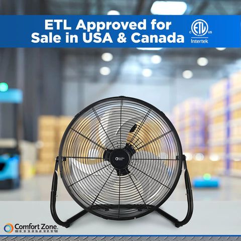 18-Inch High-Velocity Industrial Floor Fan with heavy-duty metal frame and aluminum blades on display in a warehouse setting.