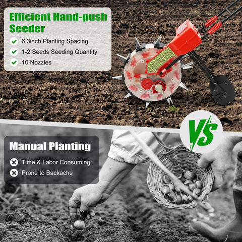 Hand Push Seeder With 10 Nozzles For Garden Rows Walk Behind Seed Planter in action, highlighting manual planting versus seeder use.