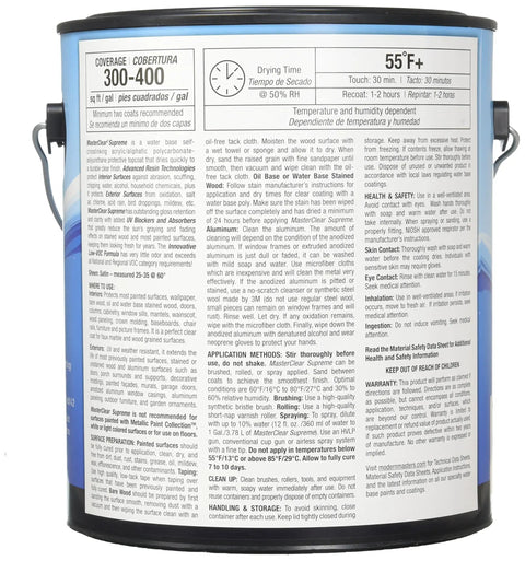 Back label of MasterClear Supreme Protective Clear Coat Satin Finish 1 Gallon Non Yellowing Water Based Self Crosslinking Acrylic Aliphatic