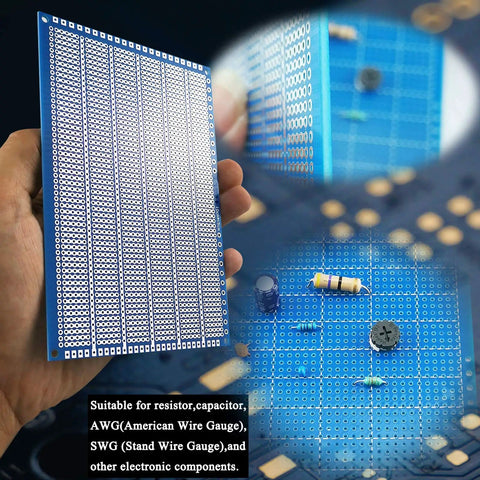 Person holding Three Pack Solderable Breadboard Prototyping PCB Kit Do It Yourself Electronics Soldering Kit 4x6 Inch FR4