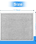Two Pack Range Hood Filter Replacement for 99010299 Compatible Hoods Fits Allure WS1 QS2 and 30 Inch Models Aluminum Mesh Replacement Filter for Broan NuTone Hoods Easy Fit and Clean, showing size dimensions 11.75 inch by 14.25 inch.