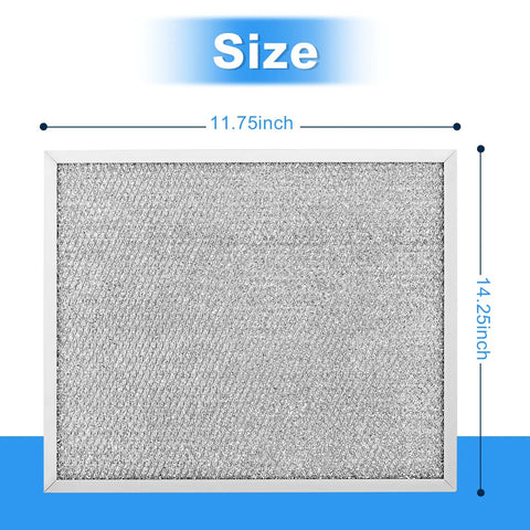 Two Pack Range Hood Filter Replacement for 99010299 Compatible Hoods Fits Allure WS1 QS2 and 30 Inch Models Aluminum Mesh Replacement Filter for Broan NuTone Hoods Easy Fit and Clean, showing size dimensions 11.75 inch by 14.25 inch.