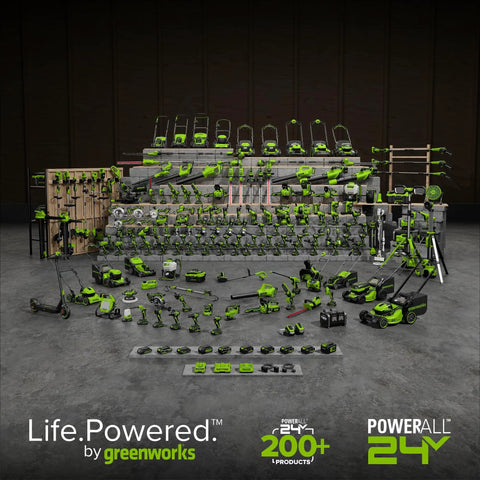 Greenworks tool lineup including Beast Of A Cordless Rotary Hammer Drill With Brushless 24V Motor 2 Joule Impact SDS Plus Four Modes