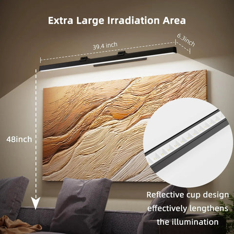 Heavy Duty Rechargeable Wireless Picture Light For Large Art Canvas And Paintings With Remote Control Three Adjustable Warm Cool White Tones Smart Auto Timer Smooth Wall Track Setup For Killer Gallery Glow illuminating a textured wall art.