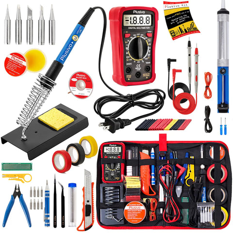 All In One Soldering Kit With 60W Adjustable Iron, 30 In One Tips, Digital Multimeter, Solder Wire, Flux Paste, 110V US Plug displayed