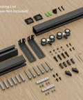 Ceiling Mount Box Rail Barn Door Hardware Kit Heavy Duty Steel Sliding Track components laid out on wood surface