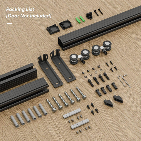 8 Foot Ceiling Mount Box Rail Barn Door Hardware Kit Heavy Duty Steel Sliding Track For Interior And Exterior Doors DIY Friendly Install No Door Included components on wood surface
