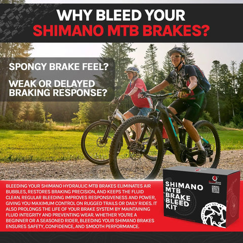 Cyclists riding mountain bikes with Shimano Hydraulic Brake Bleed Kit box display, promoting maintenance benefits.