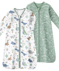 Cozy Cotton Baby Sleep Sack 6 To 12 Months 0.5 Tog Long Sleeve Wearable Blanket With Mittens 2 Pack Green Dinosaur Design