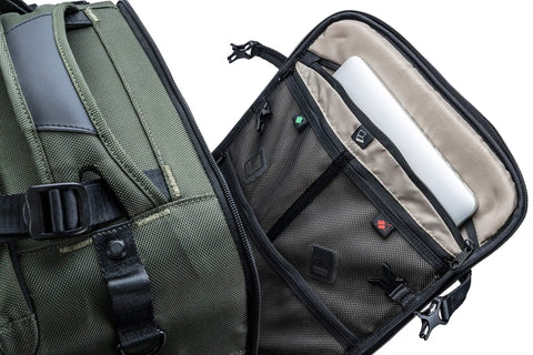 55BT Carry On Camera Backpack Trolley For DSLR And Mirrorless Gear Green with laptop in compartment, open view