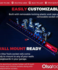 Three Eighths Inch Drive Aluminum Socket Organizer With Locking End Caps Beefy Ball Bearing Clips Pro Grade Heavy Duty Socket Holder Rack Durable Red Storage Tray For Mechanics Keeps Sockets Handy And Organized Part 1171 displayed with loose sockets