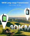 All In One ESP32 LoRa V4 Development Kit With Tempered Glass Sensor highlighting 10KM range transmission over hilly landscape