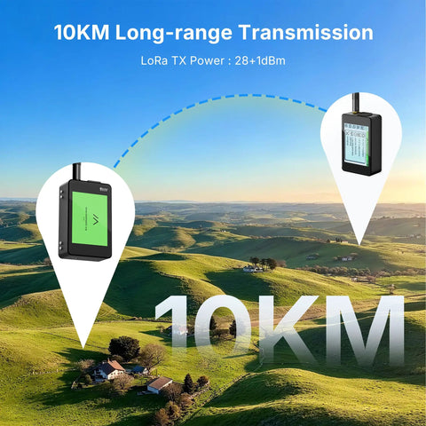 All In One ESP32 LoRa V4 Development Kit With Tempered Glass Sensor highlighting 10KM range transmission over hilly landscape