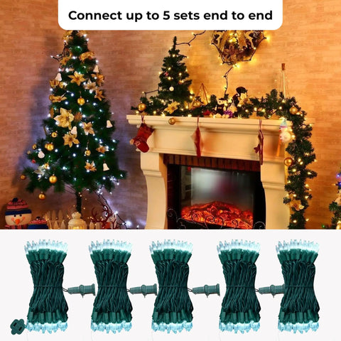 Cool White LED String Lights For Indoor Outdoor Decor 26.9 Ft Green Wire on Christmas tree by fireplace, sets connected