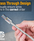 Hand holding a Cat6 RJ45 Pass Through Ethernet Connector with clear housing for wire verification.