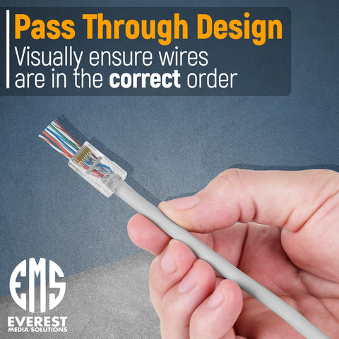 Person holding EZ Cat 5e Pass Through RJ45 Connector attached to gray UTP cable, showing pass-through design.