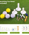 Golf tee accessories set included with Big League Golf Hitting Mat 6x4ft, rubber and measure tees displayed on artificial turf