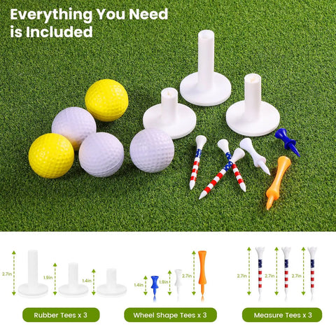 Golf tee accessories set included with Big League Golf Hitting Mat 6x4ft, rubber and measure tees displayed on artificial turf