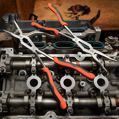 Two Piece Long Nose Pliers Set With Straight And Bent Tips, Dual Material Grips, on engine with long reach design for tight spaces