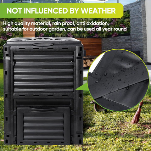 80 Gallon Outdoor Compost Bin With Top Flip Lid Includes Gloves Large Aerating Garden Box For Yard Waste Easy Exit Door BPA Free Material Black Turns Scraps Into Rich Compost Fast, front view
