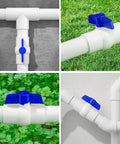 Four views of a Three Fourth Inch PVC Ball Valve With No Fuss Easy Turn Blue T Handle SCH40 Slip Socket for outdoor irrigation.