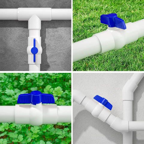 Four views of a Three Fourth Inch PVC Ball Valve With No Fuss Easy Turn Blue T Handle SCH40 Slip Socket for outdoor irrigation.