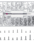 Bulk 500 Pcs Laptop Screws Set In M1.2 M1.4 And M2 with screwdriver displayed in a storage box for electronics and DIY repair