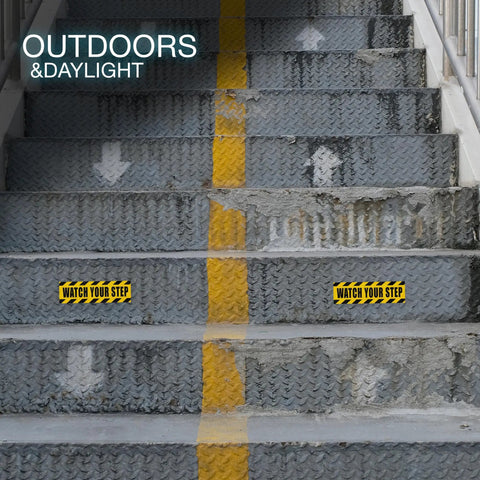 Caution Floor Decals 10x3 Inches Yellow Reflective Stickers For Steps Waterproof Self Adhesive Signage on outdoor metal stairs