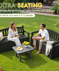 Two people sitting on an 80 Gallon Outdoor Storage Bench With Armrest Lockable Deck Box For Patio Garden And Poolside Waterproof And UV Resistant Heavy Duty 550 Lb Capacity Hidden Storage Seat Black.