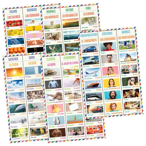 Five Poster Basic Spanish Vocabulary Set With Photos For Classrooms Colorful 12 By 18 Inch Language Learning Posters Display