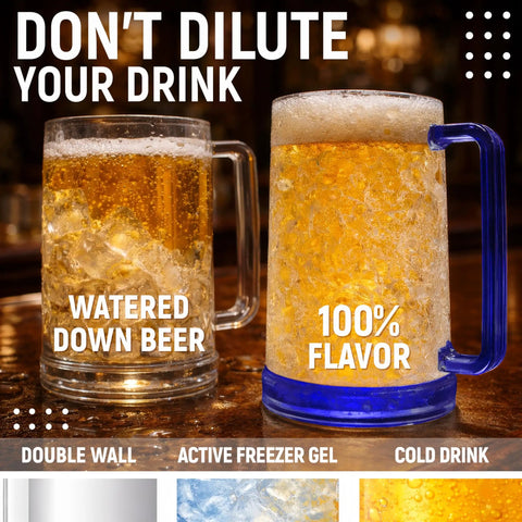Grab This Pack Of Four 16 Oz Freezer Beer Mugs With Bright Color Coded Handles Shatter Resistant Acrylic Frosty Insulated Barware For Poolside Chilling Backyard Cookouts And Game Day Vibes showing icy cold beer in shatter-resistant mugs.