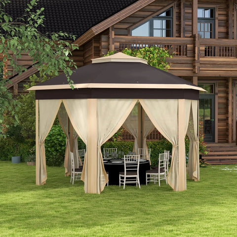Easy Up 13 By 13 Pop Up Gazebo With Zippered Mesh Sides, Sturdy Steel Frame, Patio Backyard Event Tent with beige shade, installed