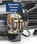Close-up of adjustable pressure switch on 1/2 HP Cast Iron Shallow Well Jet Pump With Dual Voltage 115/230V, 10 GPM At 40 PSI
