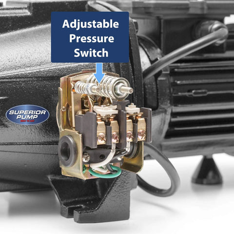 Close-up of adjustable pressure switch on 1/2 HP Cast Iron Shallow Well Jet Pump With Dual Voltage 115/230V, 10 GPM At 40 PSI