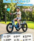 Kid Electric Tricycle With Three Wheels For Stability Fat 16x3 Tires 500W Peak Motor 378Wh Battery Top Speed 12.5 MPH Foldable Frame Beginner Friendly For Kids Ages 6 Plus Blue For Outdoors, child riding