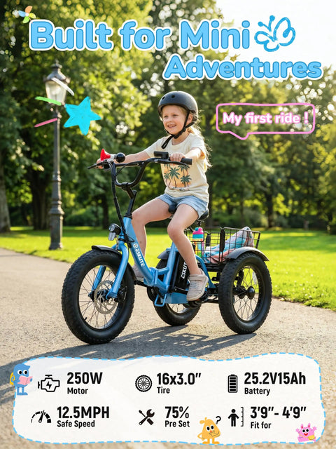 Kid Electric Tricycle With Three Wheels For Stability Fat 16x3 Tires 500W Peak Motor 378Wh Battery Top Speed 12.5 MPH Foldable Frame Beginner Friendly For Kids Ages 6 Plus Blue For Outdoors, child riding